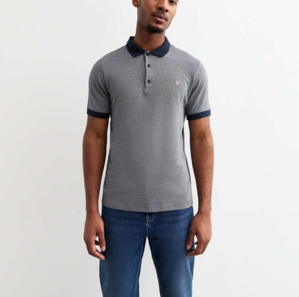 Farah Navy Woven Jacquard Cotton Polo Shirt
